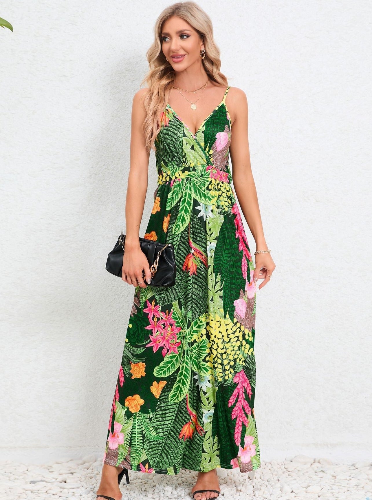 Dark Green Tropical Printed Long Dress