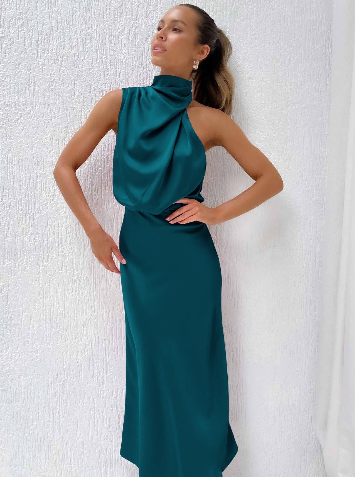 Abendkleid Damen Lang - Satin Neckholder Kleid Elegantes Cocktailkleid für Partys

