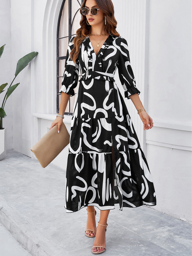 Black V-Neck Abstract Printed Sundress