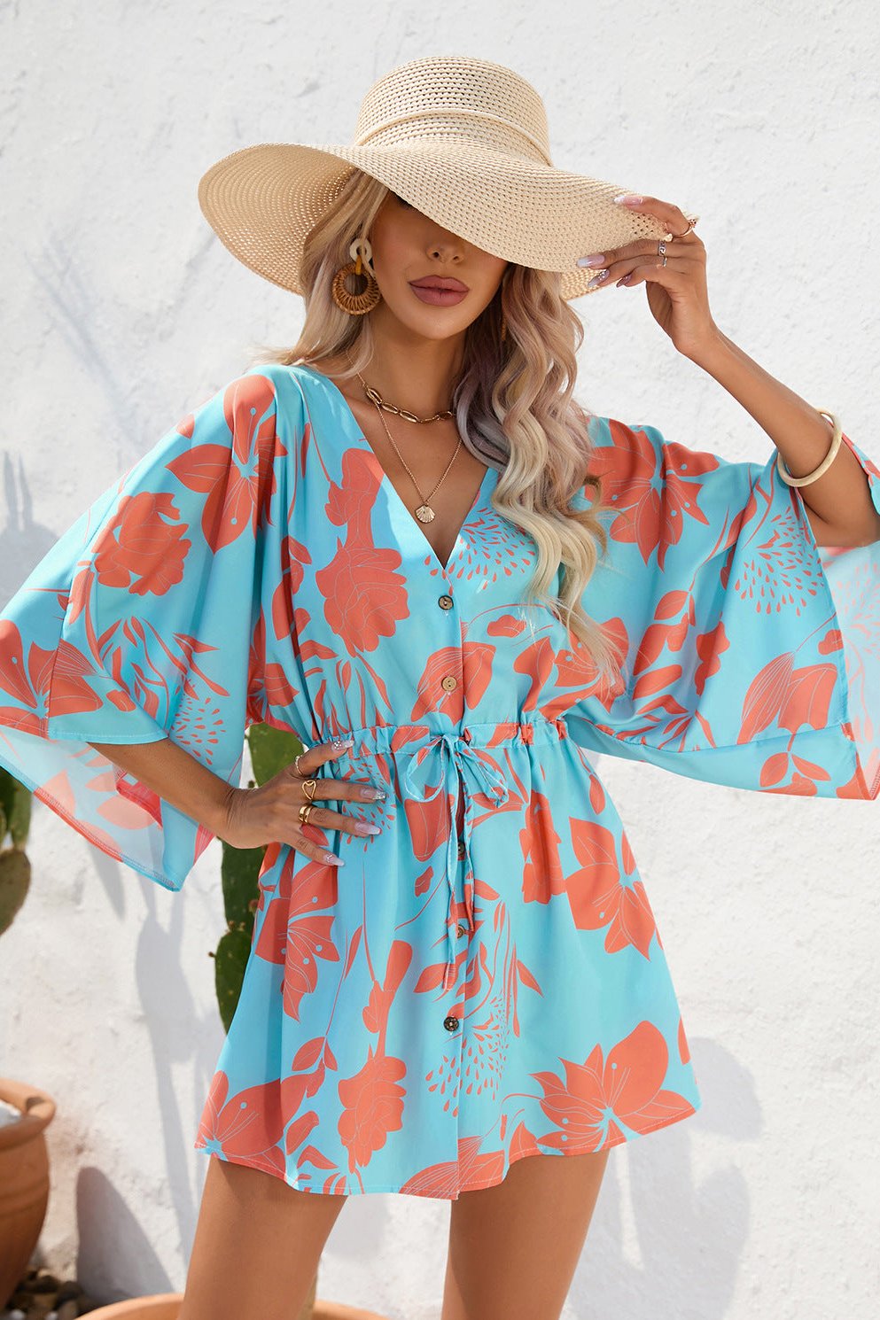 Tropical Blue Printed Half Sleeve Mini Dress