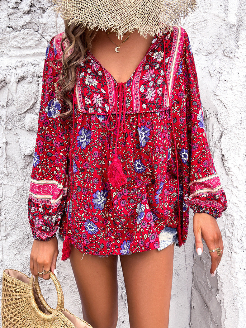 Red Retro Floral Printed Tassel Shirt