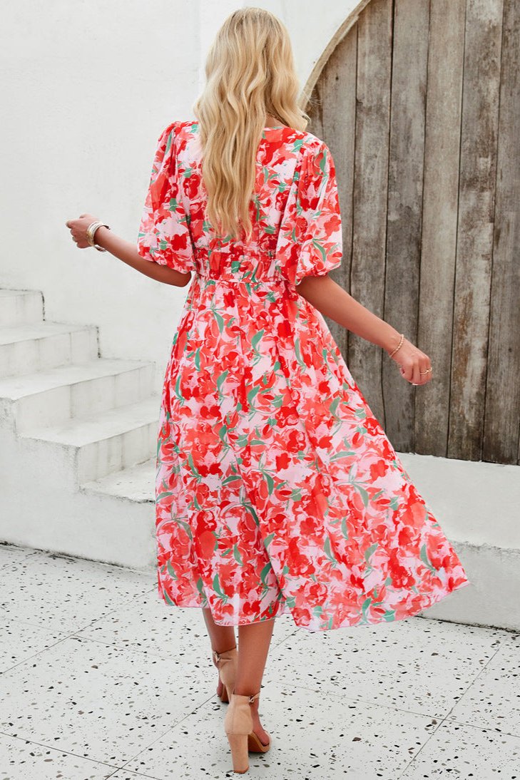 Casual Floral V-Neck Puff Sleeve Midi Dress