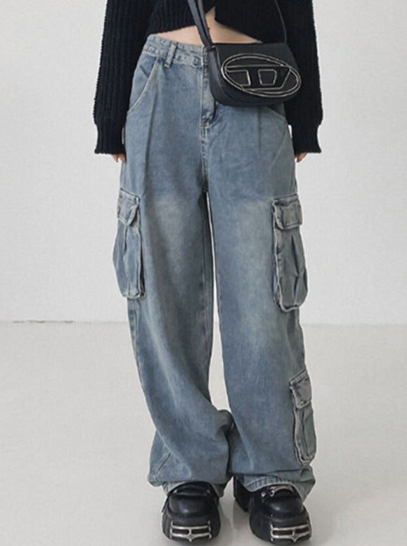 High Waist Plain Cargo Wide Leg Pants