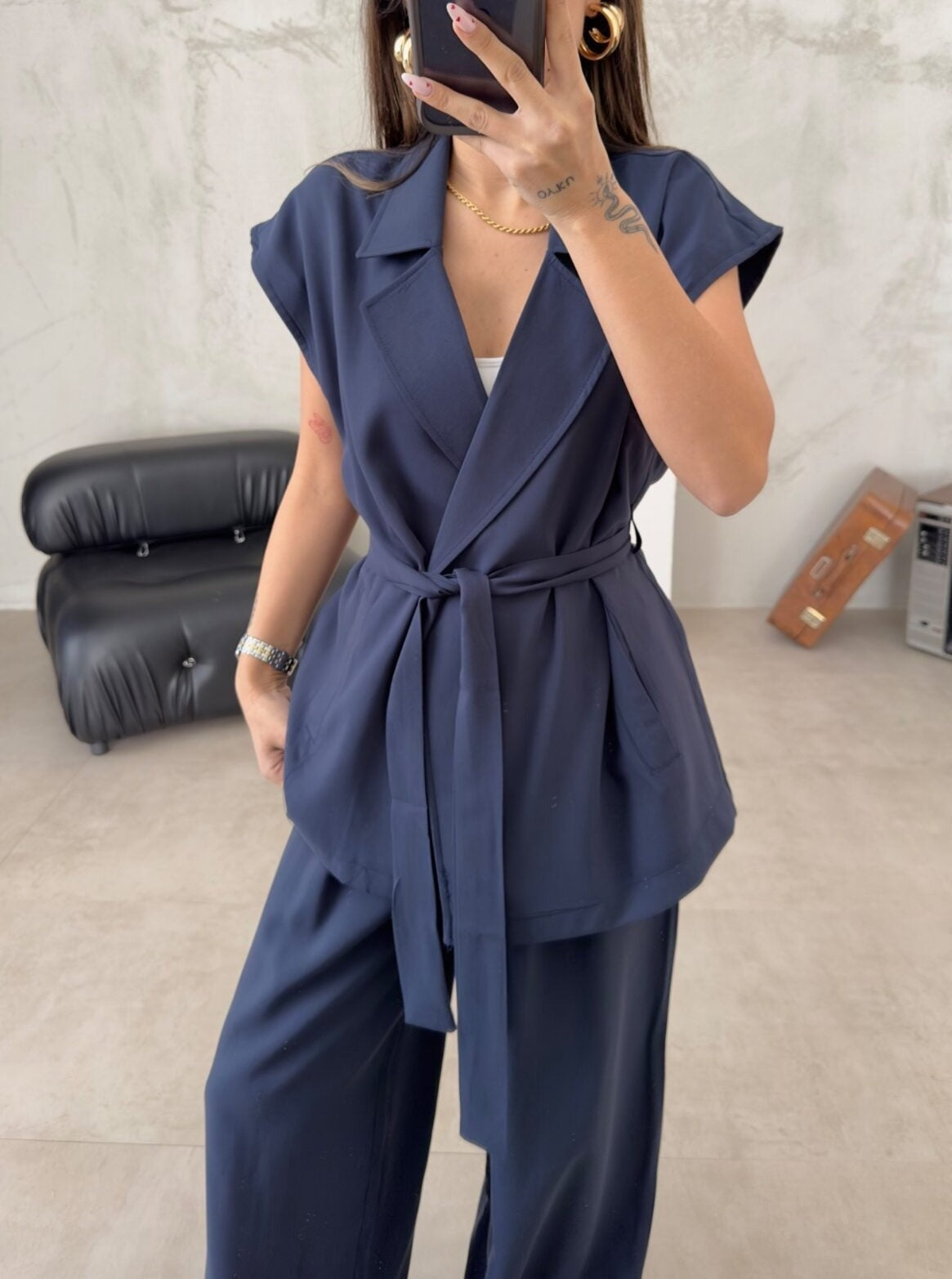 Casual Sleeveless Cardigan High-Waisted Trouser Suit