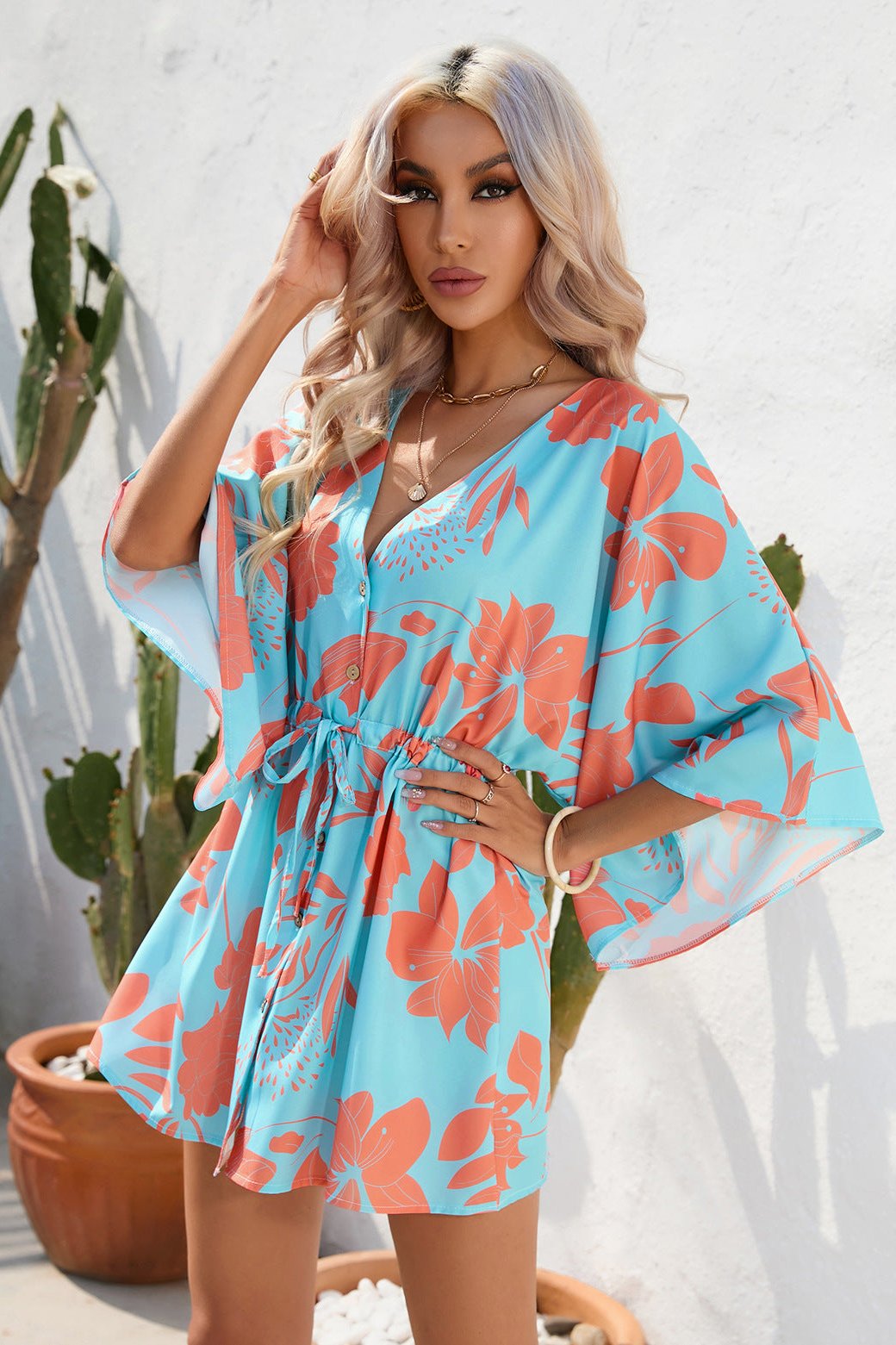 Tropical Blue Printed Half Sleeve Mini Dress