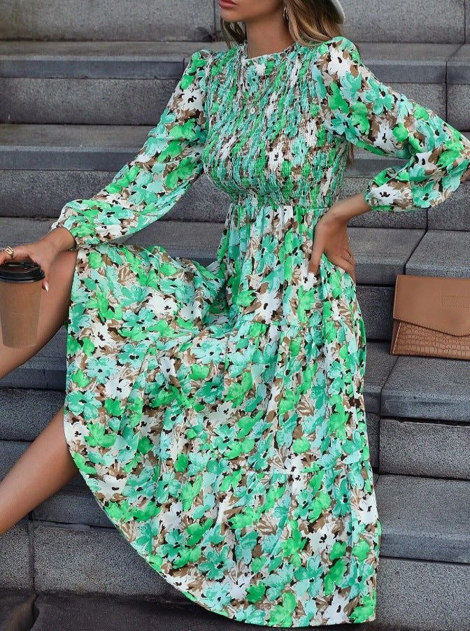 Floral Printed Lantern Sleeve Flared Dress