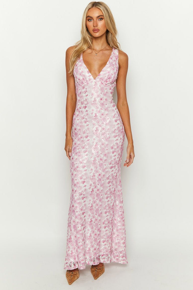 Sexy Pink Deep V-Neck Backless Long Lace Dress