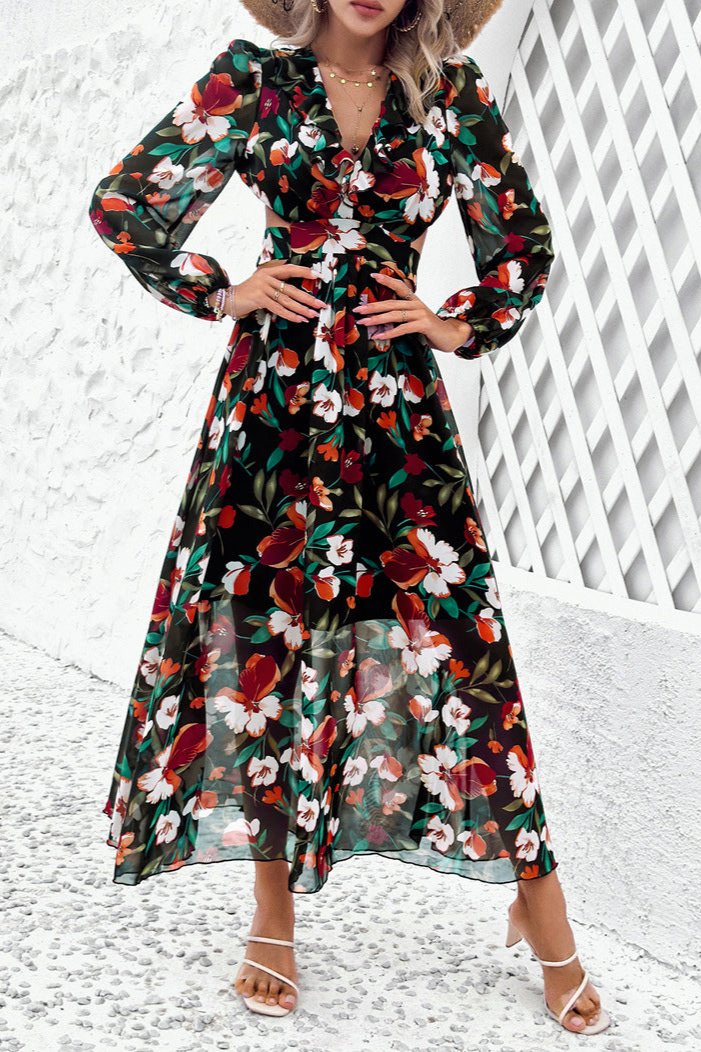 Long Sleeve Deep V-Neck Black Floral Maxi Dress