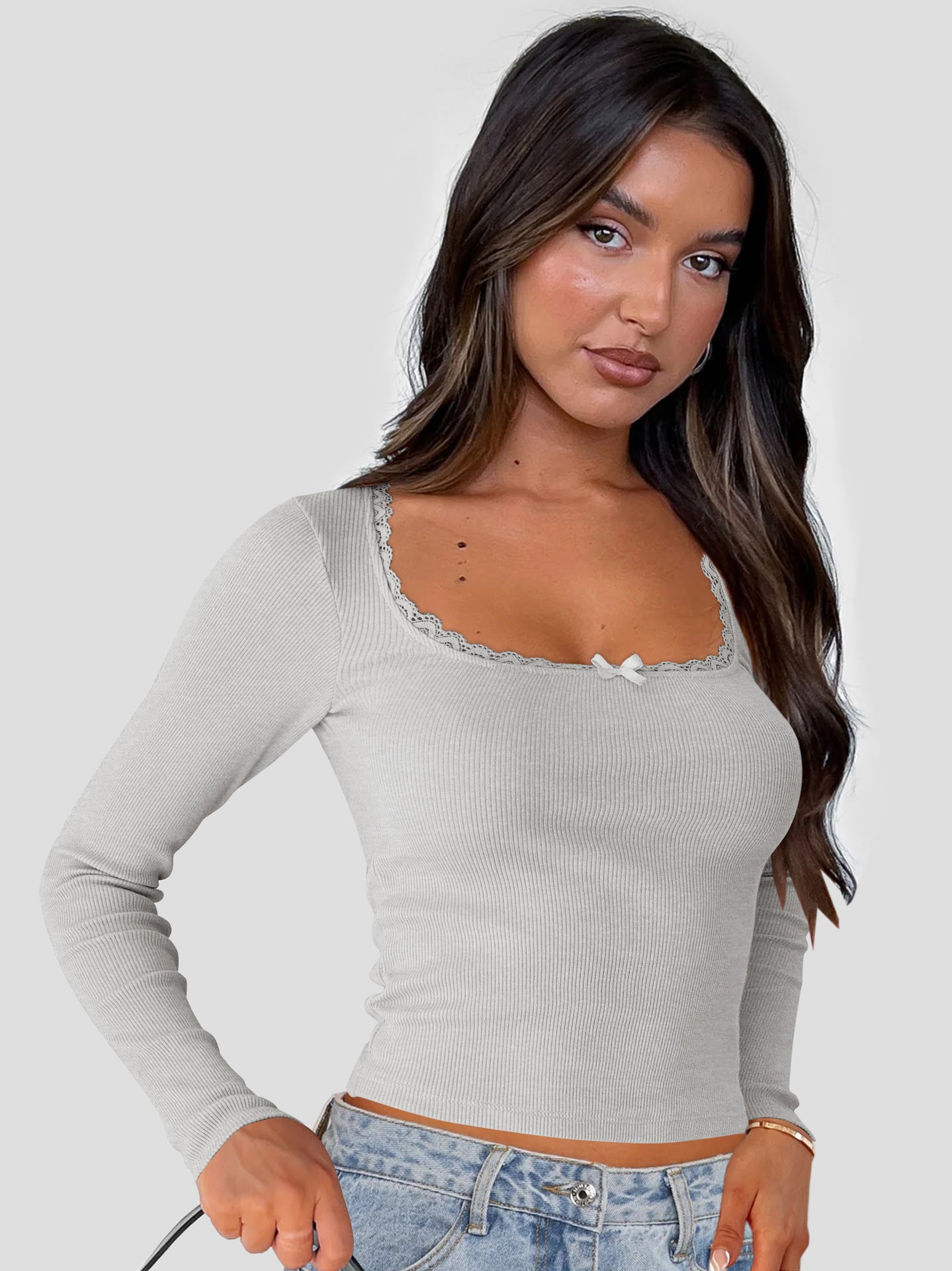 Sexy Laced Gray Long Sleeve Crop Top