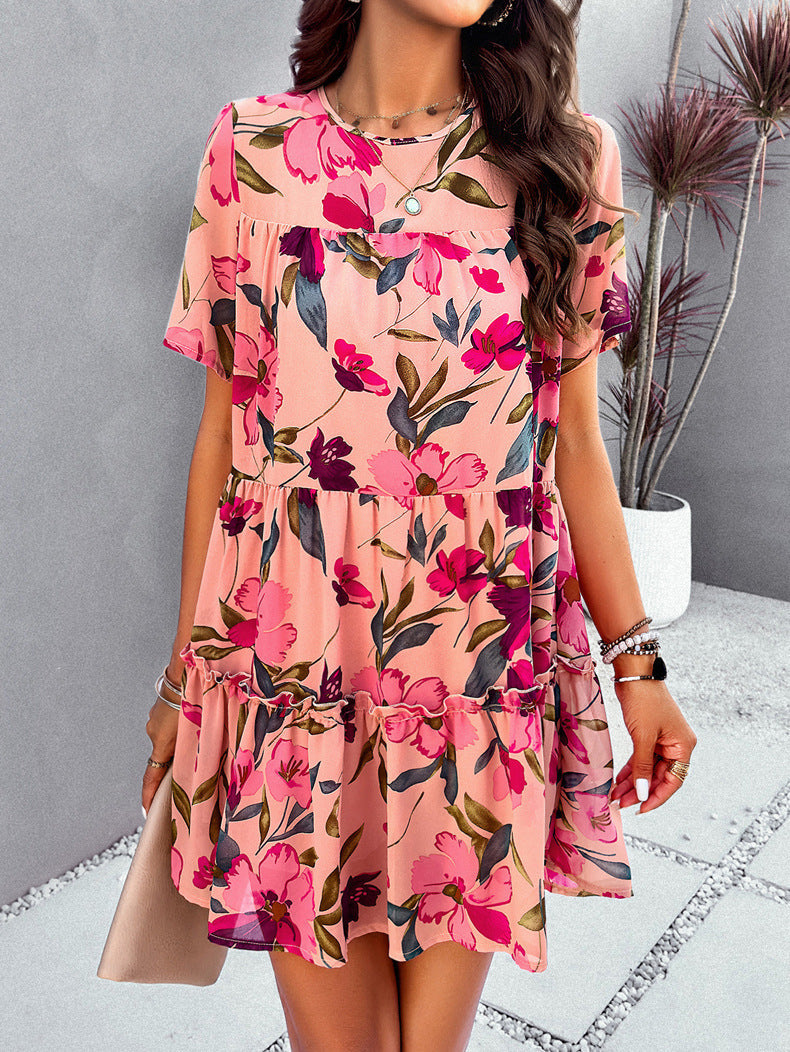 Pink Leisure Vacation Printed Short-Sleeved Dress