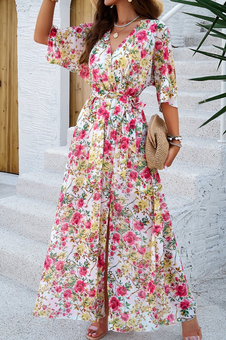 Floral V-Neck Wrap Around Belted Midi Dress