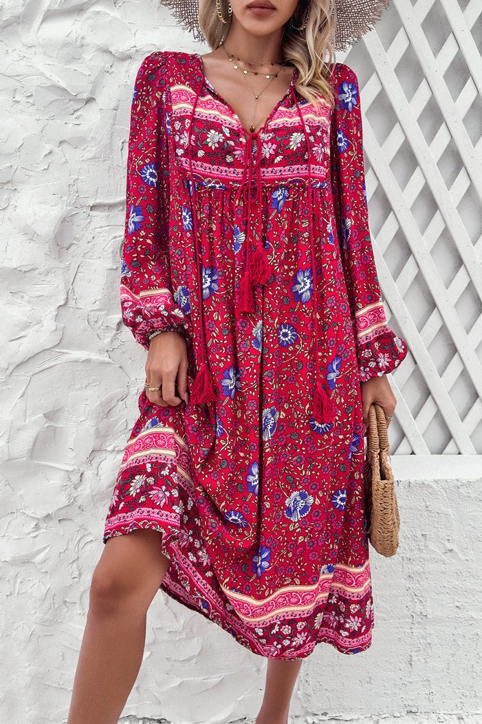 Boho Midikleid Langarm Ethno-Muster Blumenkleid - Lässiges Sommerkleid