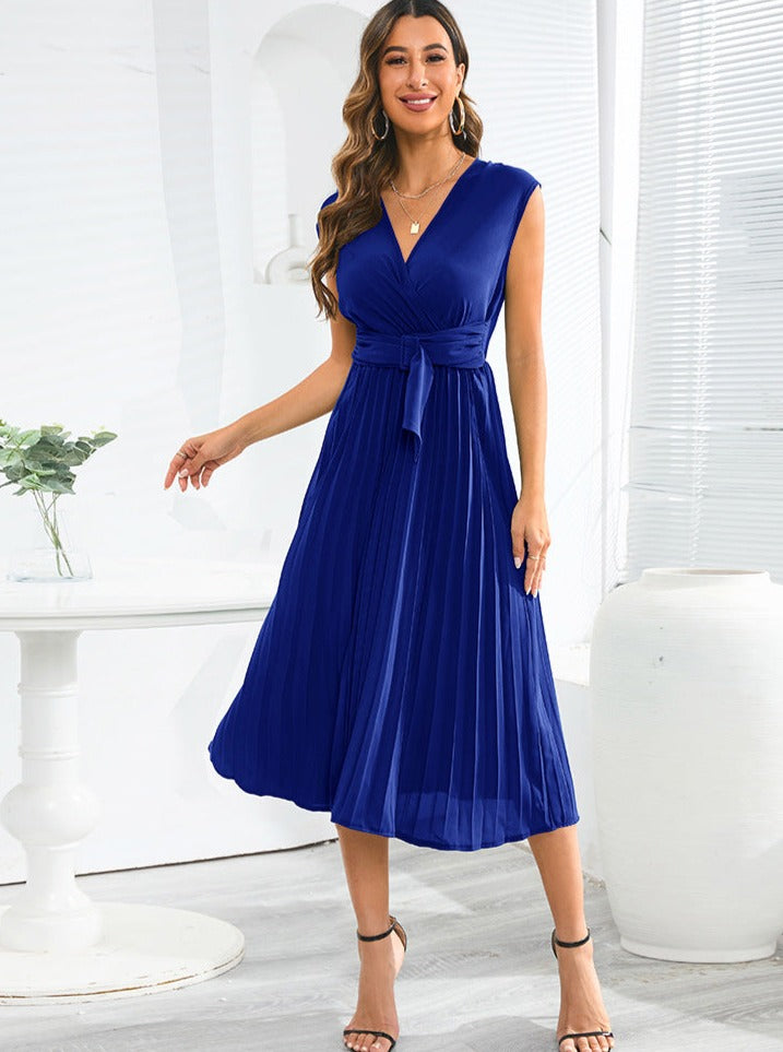 Elegantes Plissee-Midikleid V-Ausschnitt Taillengürtel Party Kleid