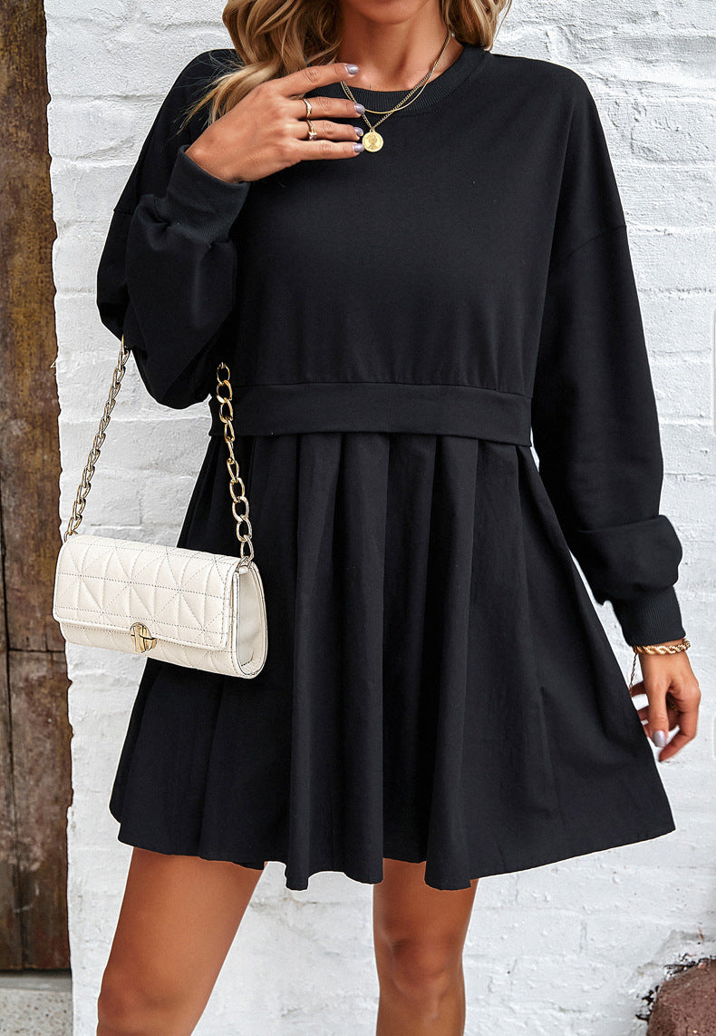 Black Round Neck Long Sleeve Pleated Dress