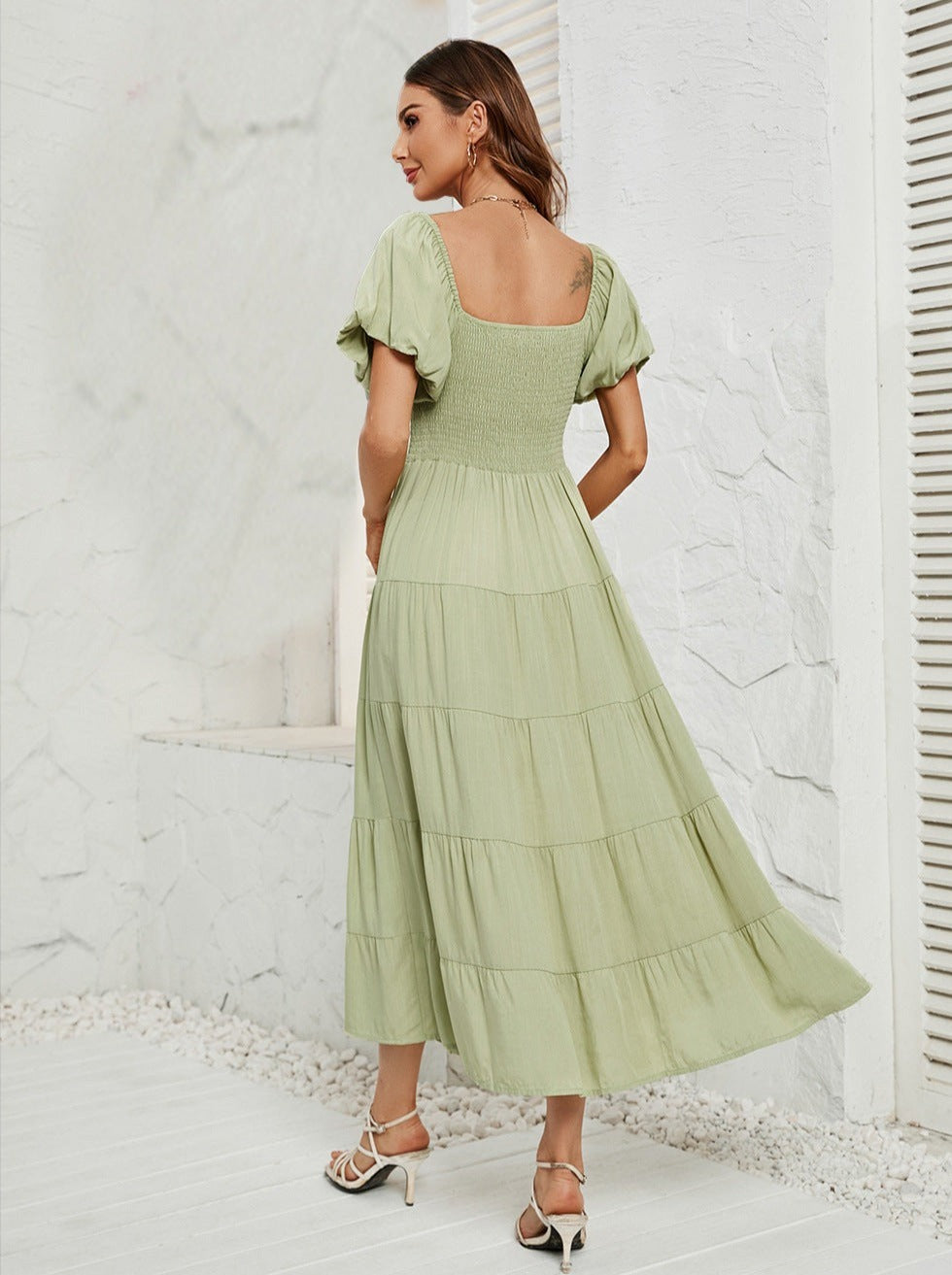 Green High Waist Bubble Sleeve Square Neck Maxi Dress