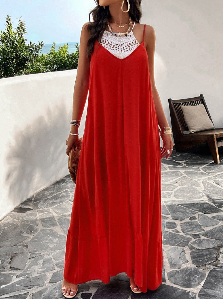 Red Casual Solid Color Suspender Maxi Dress