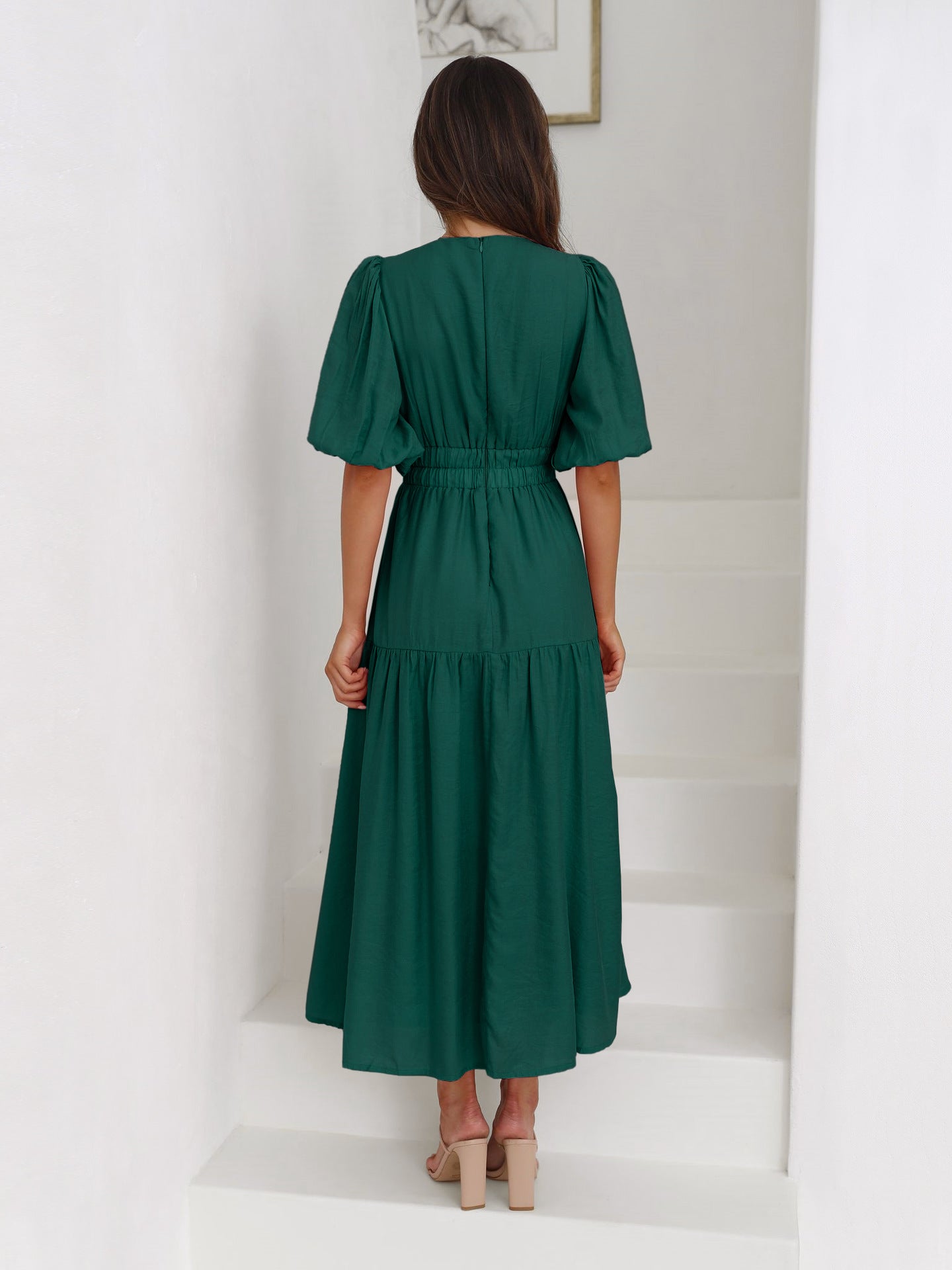 Dark Green Deep V-Neck Puff Sleeve Layered Dress