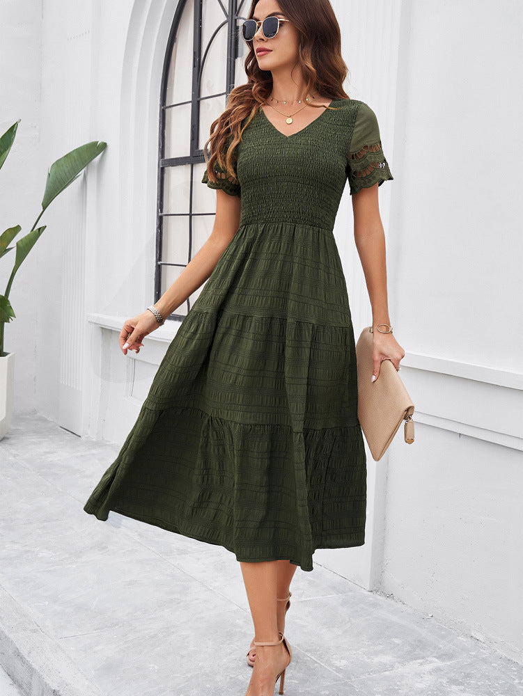 Dark Green Women's Lace Casual Mesh Midi Dress