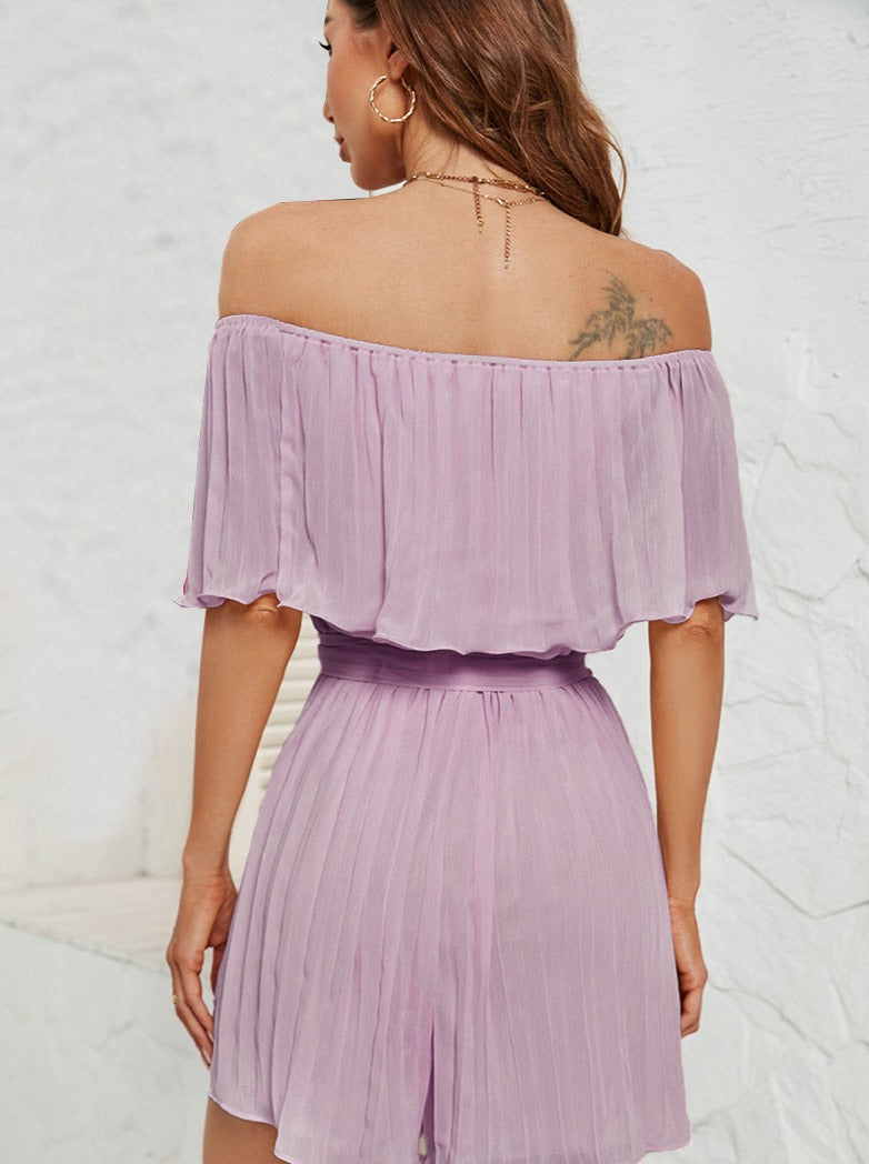 Purple Off-Shoulder Pleated Collar Jumpsuit