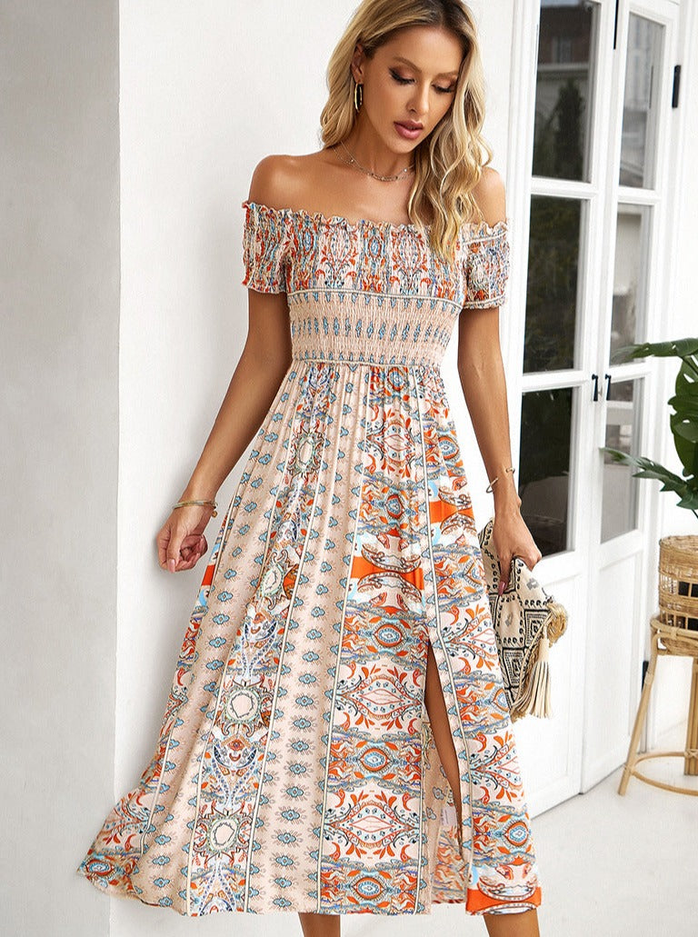 Summer Off Shoulder Bohemian Slit Midi Dress