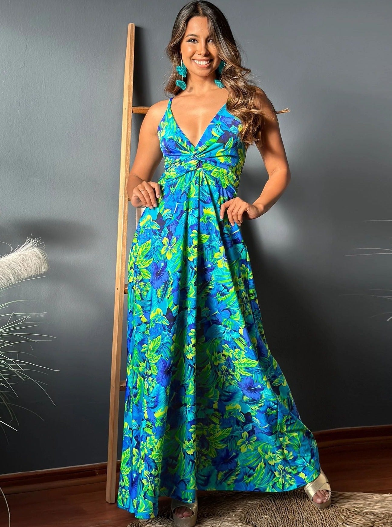 Elegant V-Neck Printed Twisted Chic Long A-Line Dress