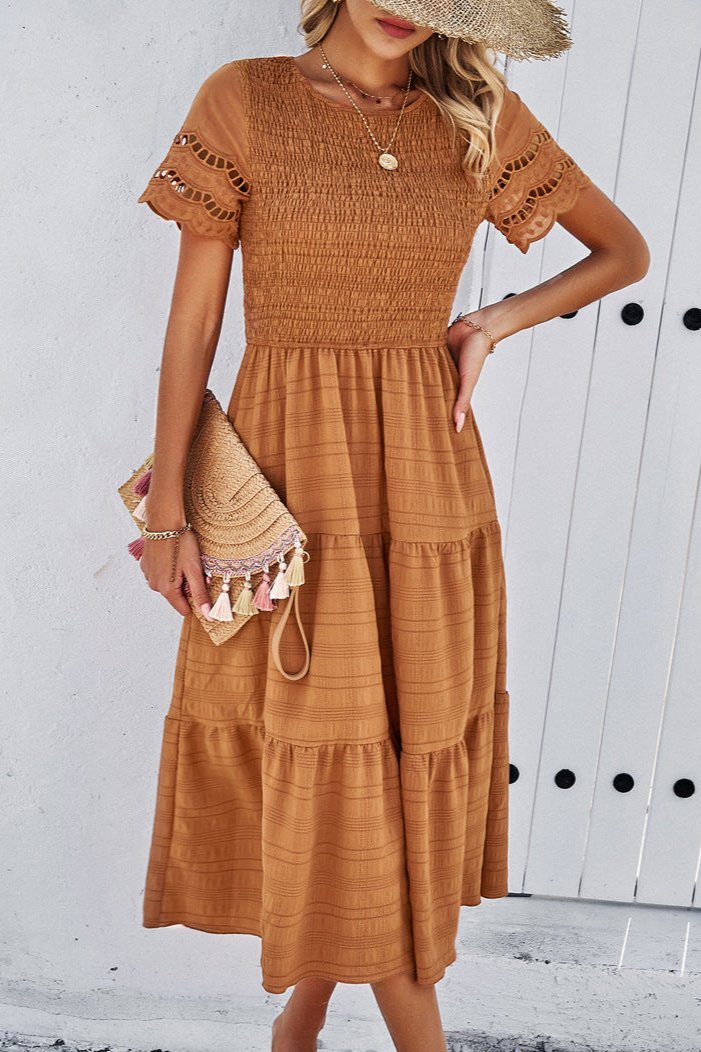 Casual Solid Crochet Lace Sleeve A-Line Midi Dress