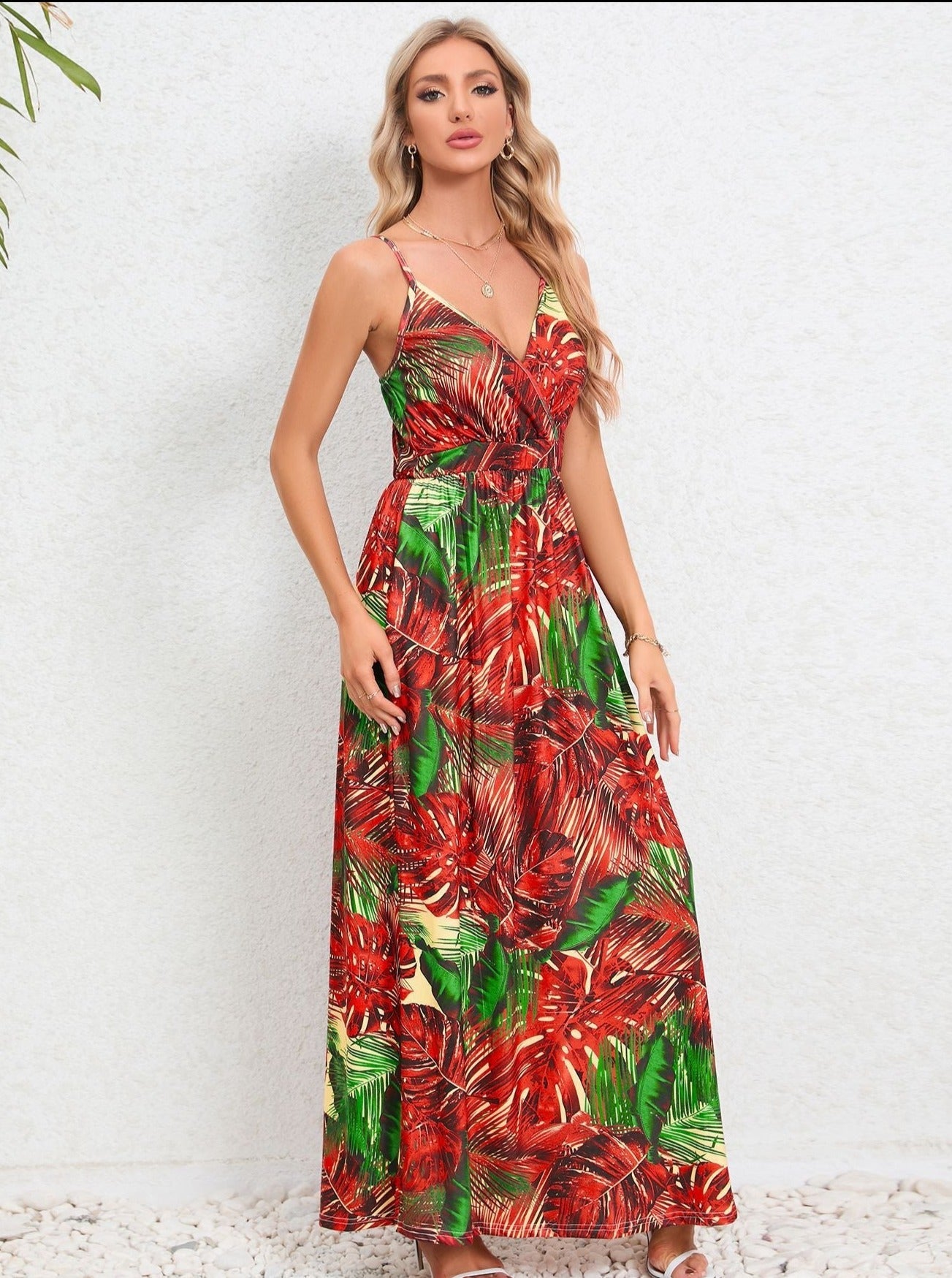 Red Green Tropical Printed Long Dress