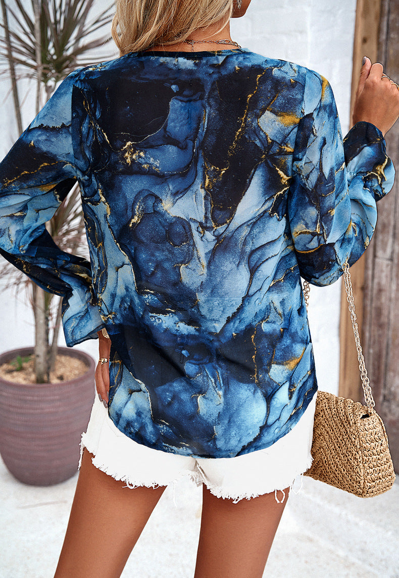 Blue Casual Laced Floral Printed Long Sleeve Shirt