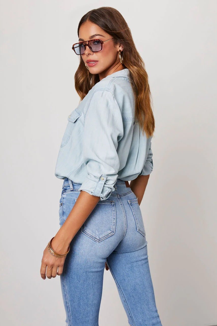 Light Blue Long Sleeve Collared Denim Blouse