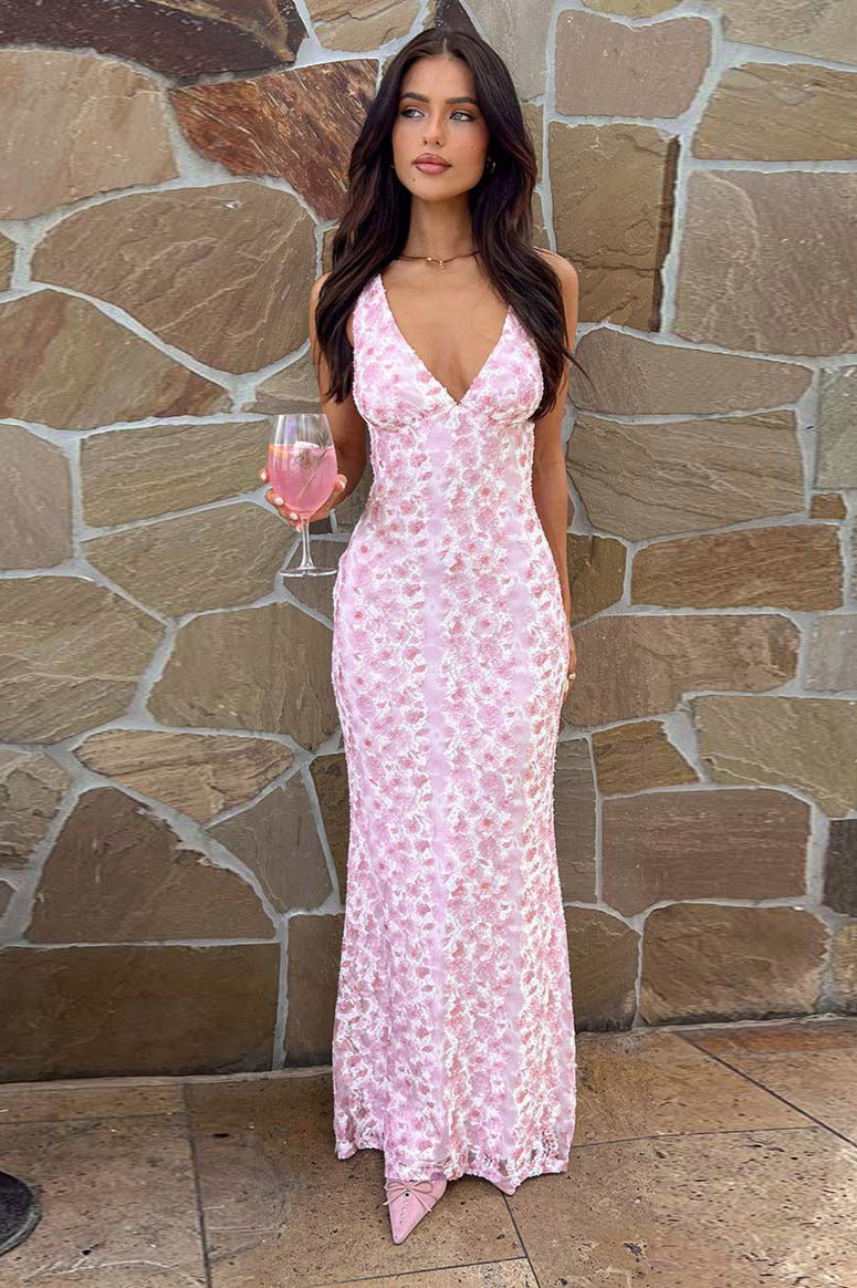 Sexy Pink Deep V-Neck Backless Long Lace Dress