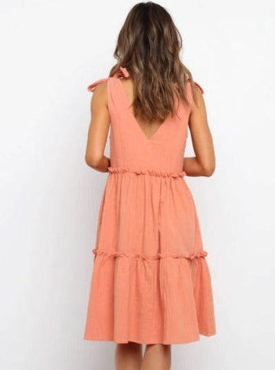 Solid Color Tie Shoulder Layered Dress