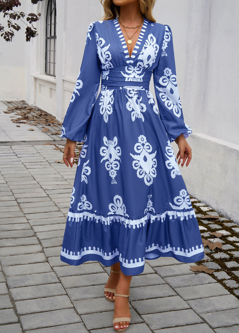 Chic Ethnic Print V-Neck Midi Dress