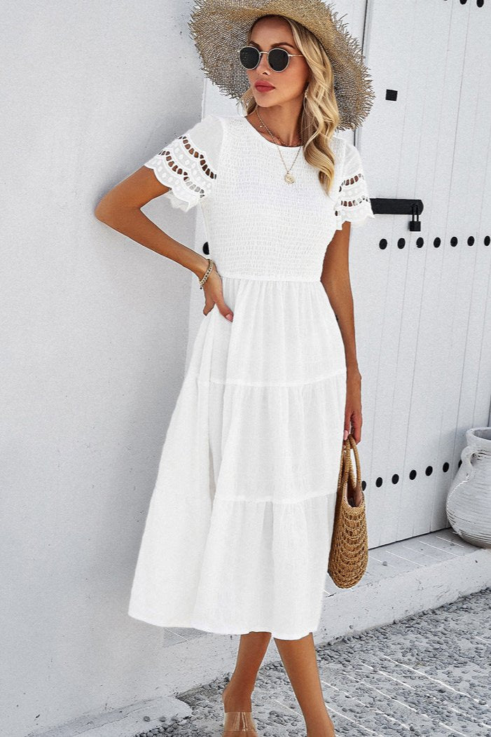 White Casual Solid Crochet Lace Sleeve A-Line Midi Dress