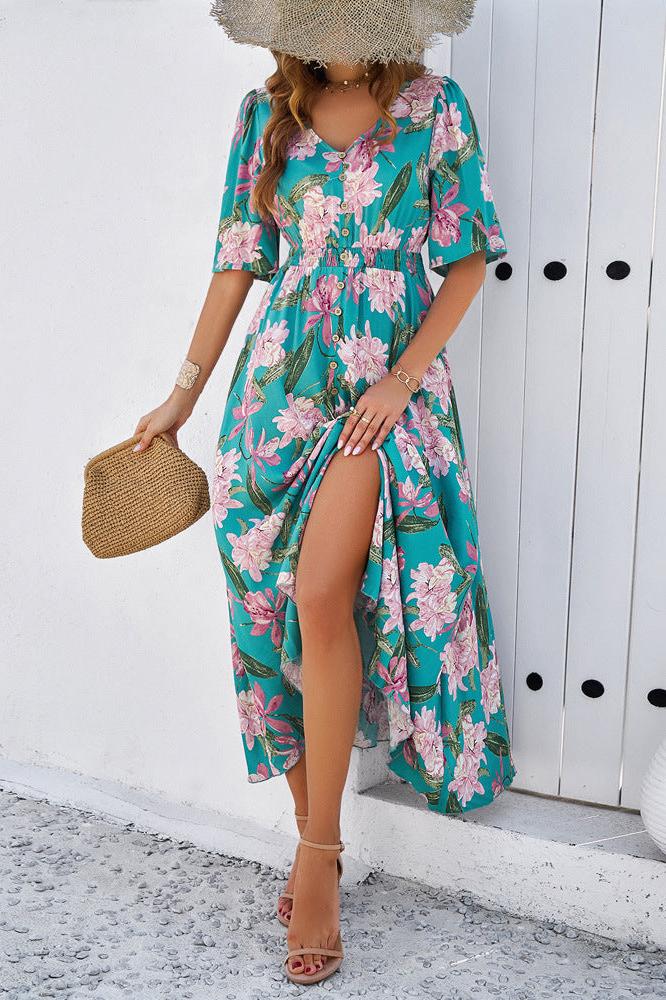 Chic Summer Floral V-Neck Side Slit Midi Dress