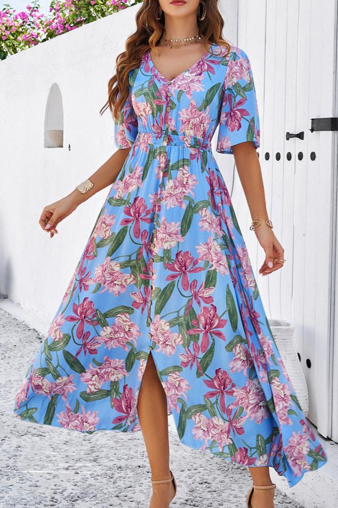 Chic Summer Floral V-Neck Side Slit Midi Dress