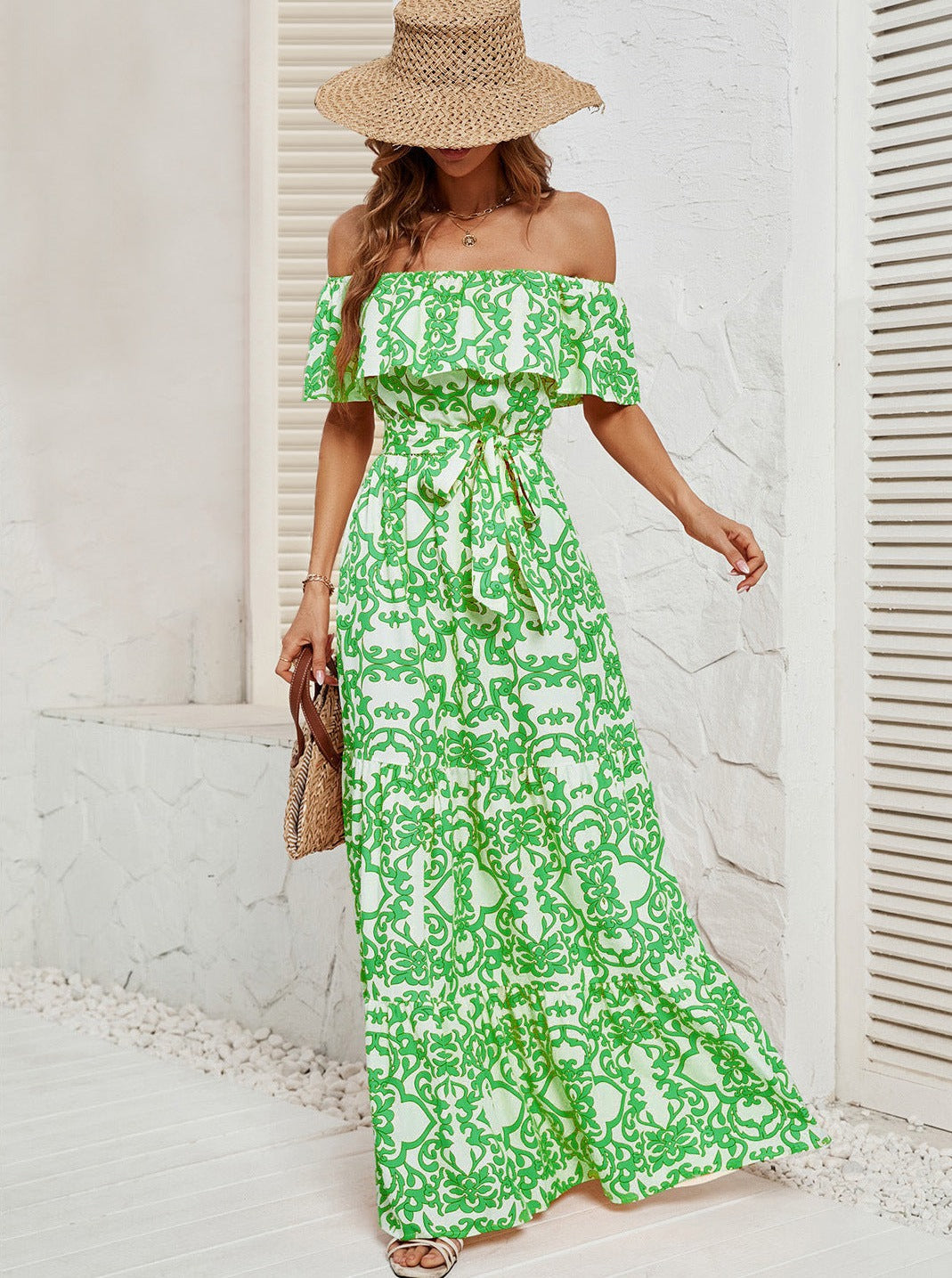 Off Shoulder Floral Ruffle Temperament Maxi Dress