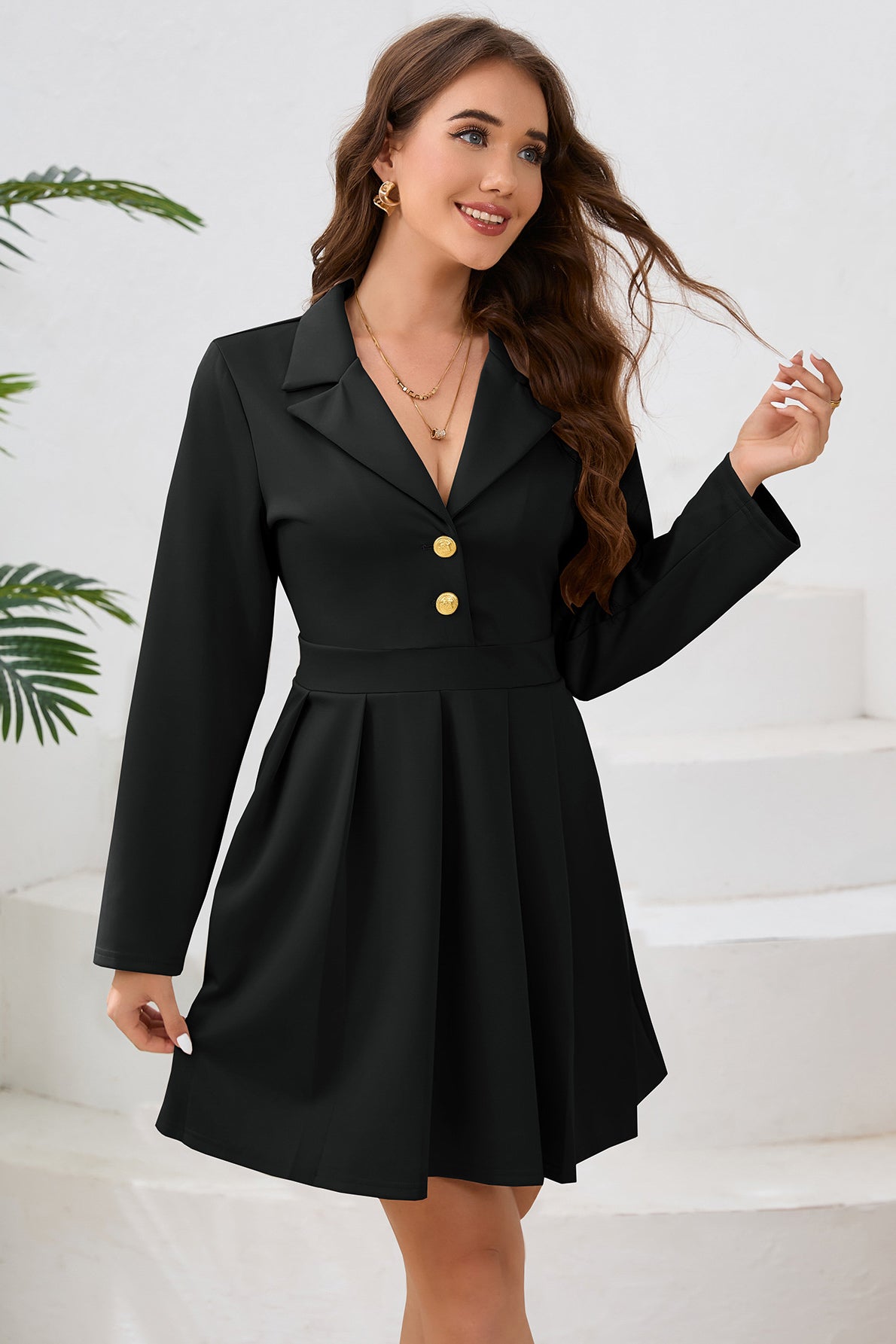 Pleated Buttoned A-Line Dress