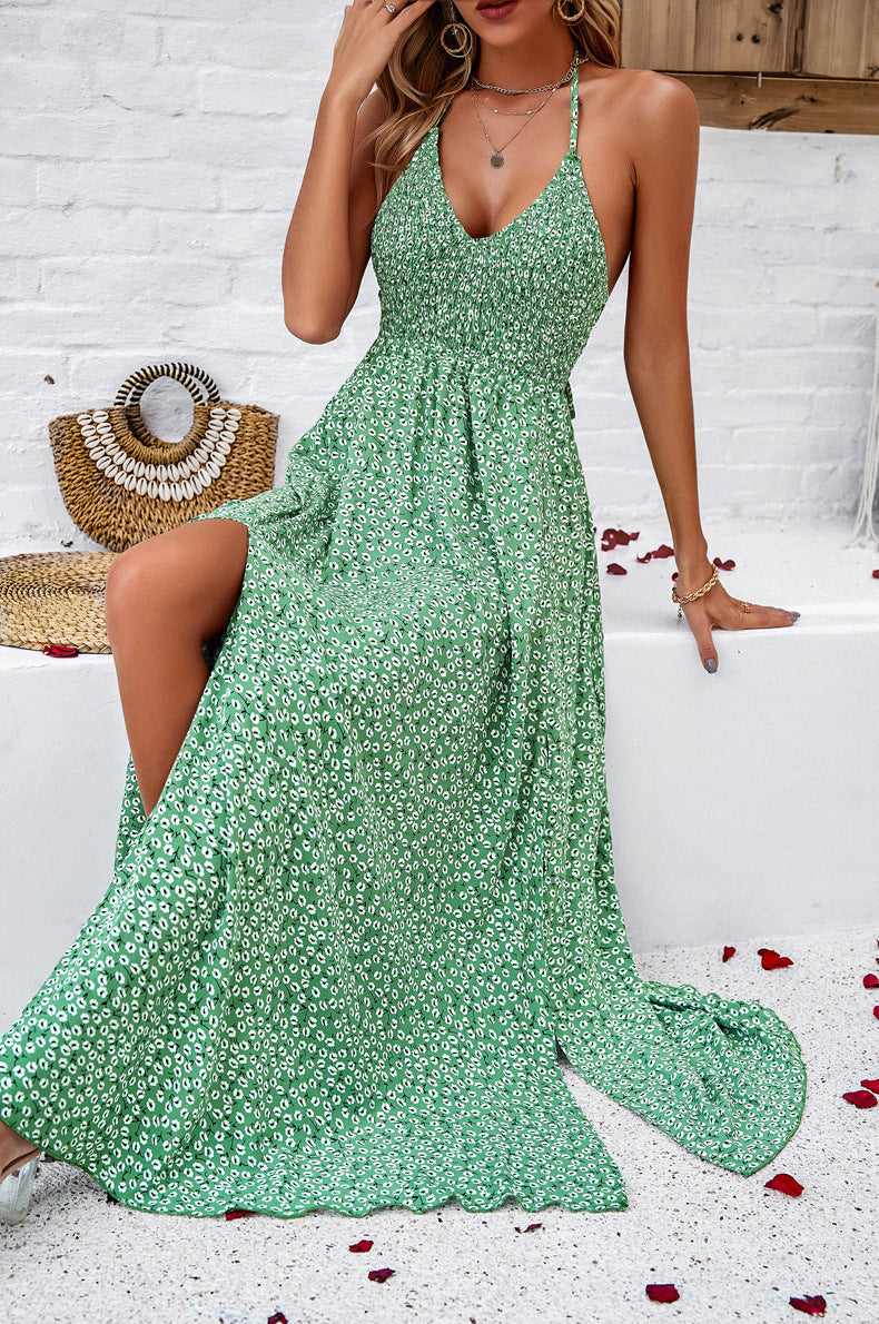 Green V-Neck Tie Back Printed Long Dress