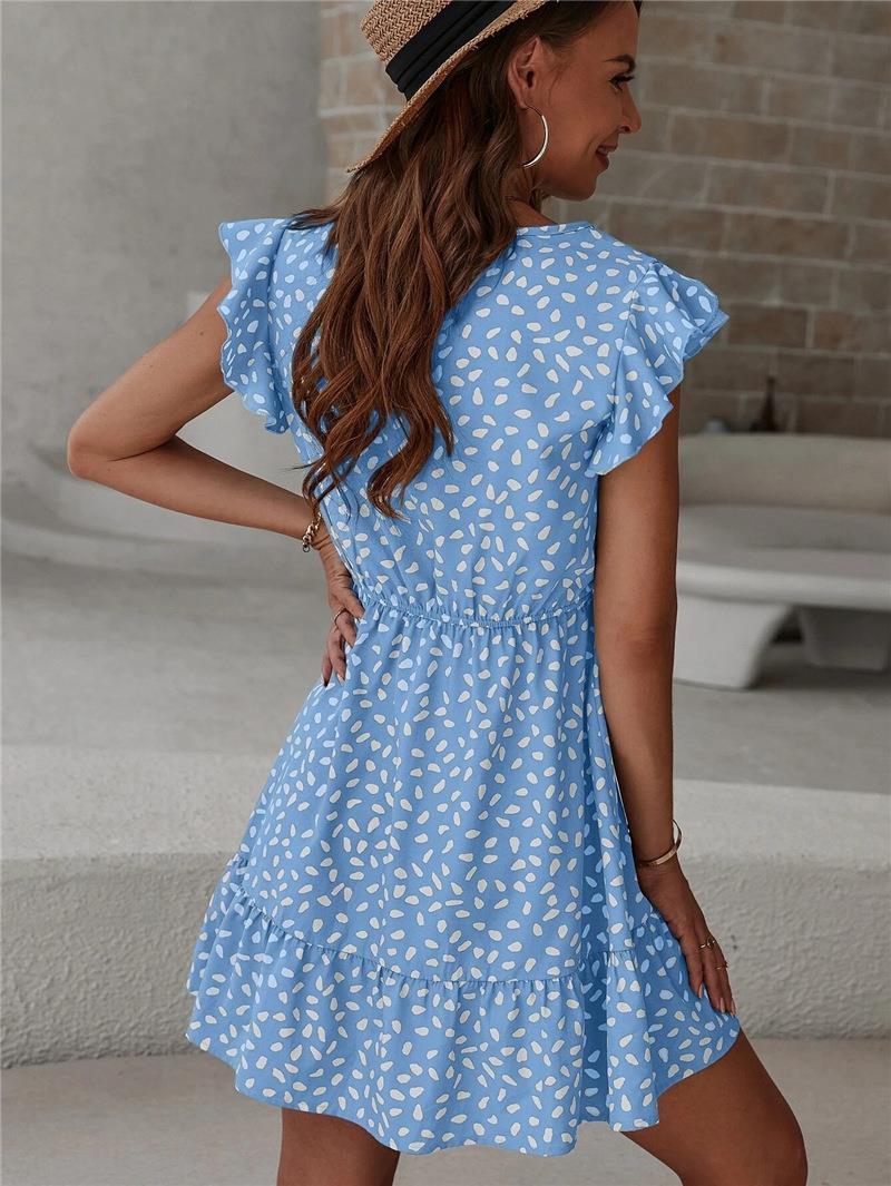 Elegant V-Neck Butterfly Sleeve Printed Dress