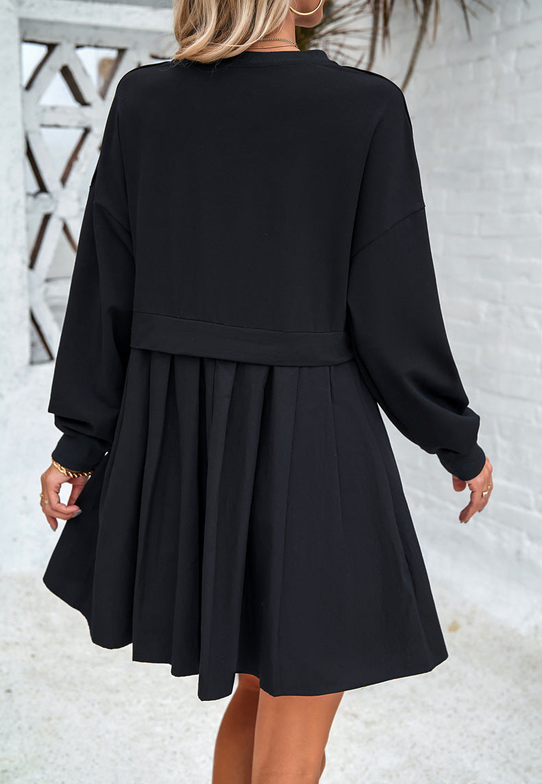 Black Round Neck Long Sleeve Pleated Dress