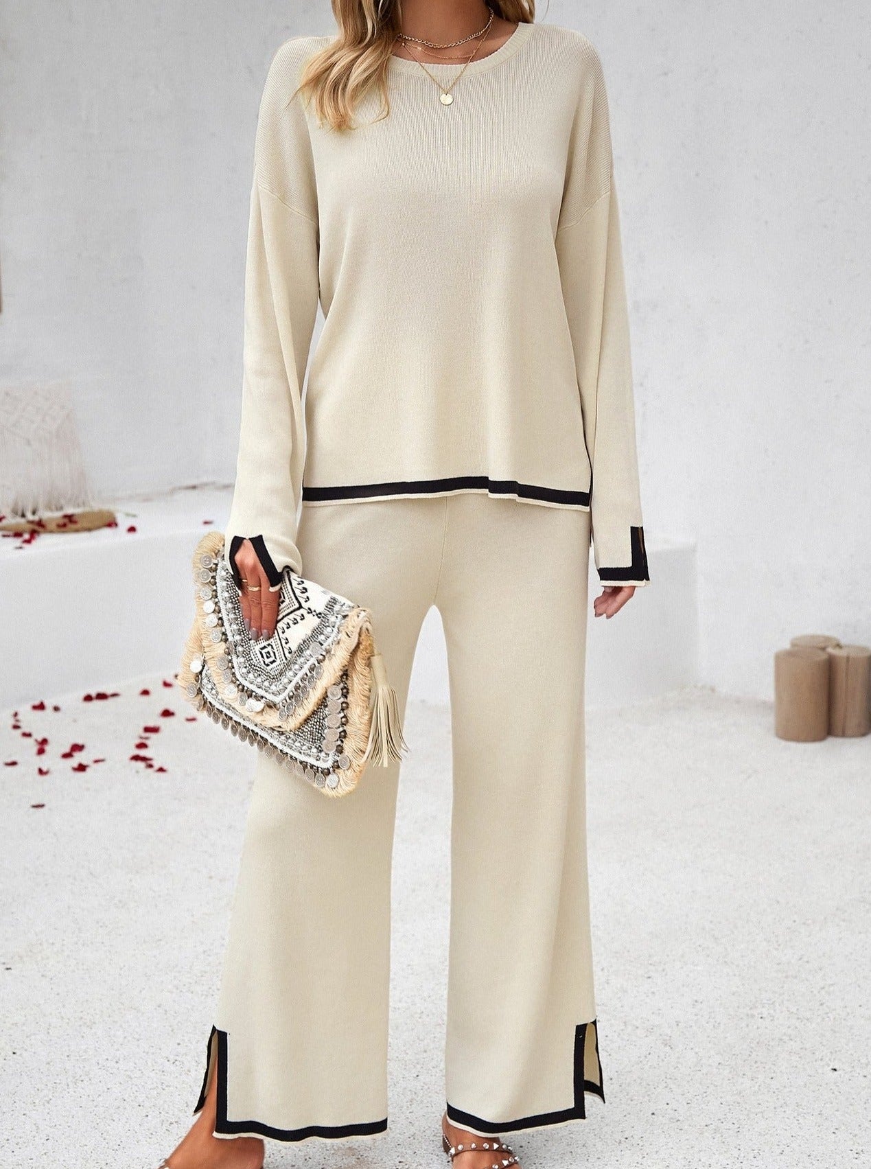 White Knitted Long-Sleeve Shirt and Small Slit Long Pants Suit