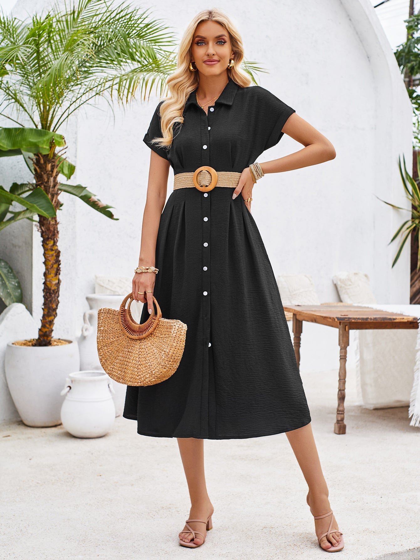 Plain Buttoned Tucked Shirt Short Sleeves Maxi Dress