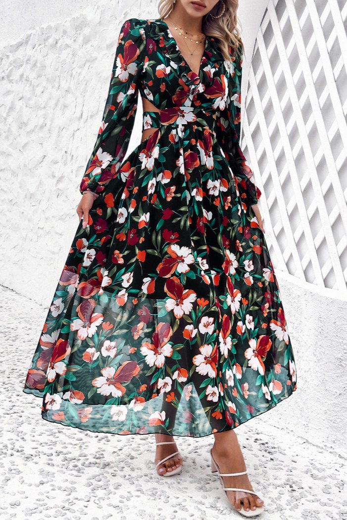 Long Sleeve Deep V-Neck Black Floral Maxi Dress