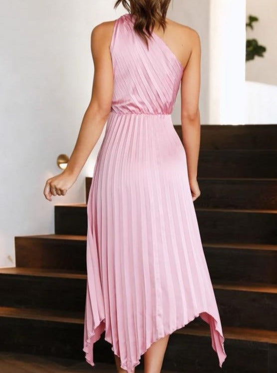 Solid Color One Shoulder Pleated Asymmetrical Dress