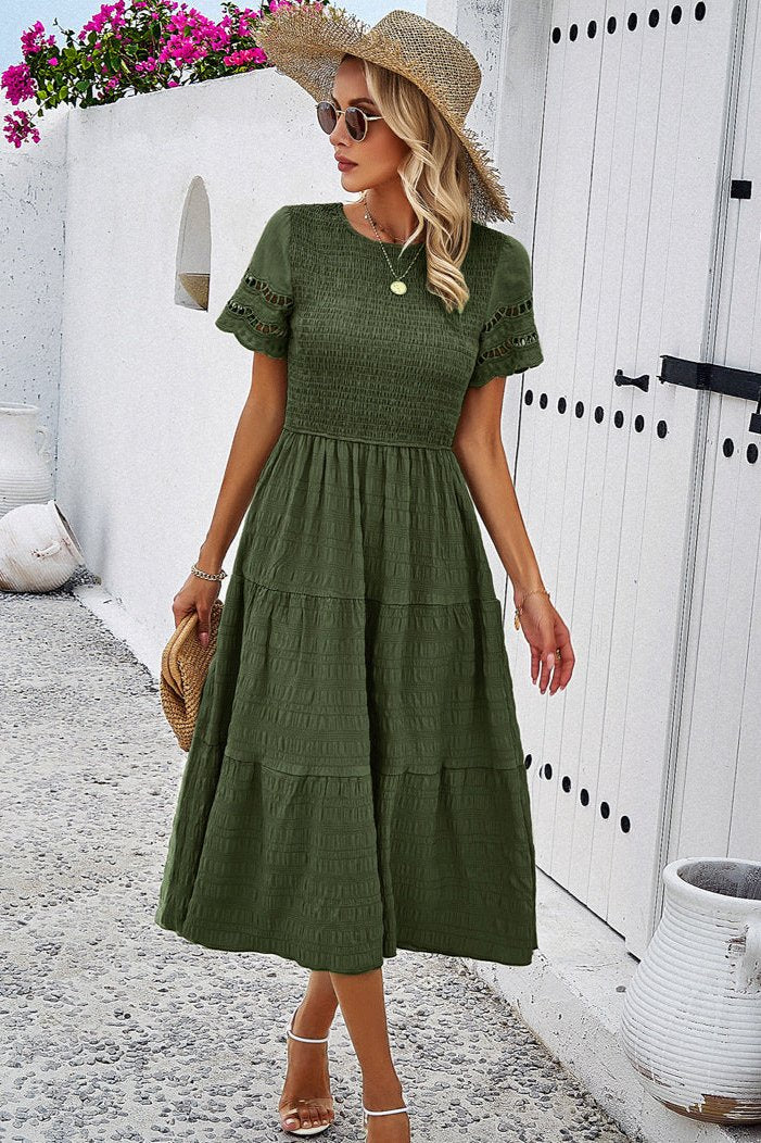 Deep Green Casual Solid Crochet Lace Sleeve A-Line Midi Dress