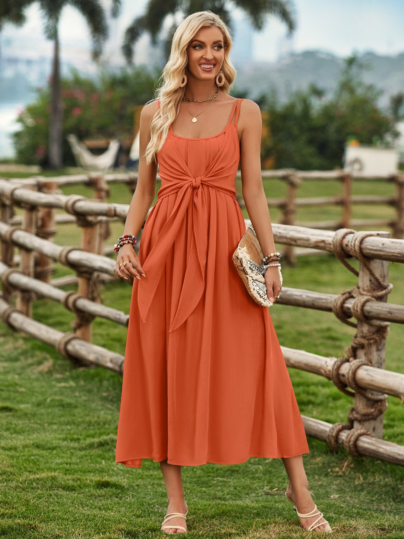 Solid Color Sleeveless Tie Waist Dress