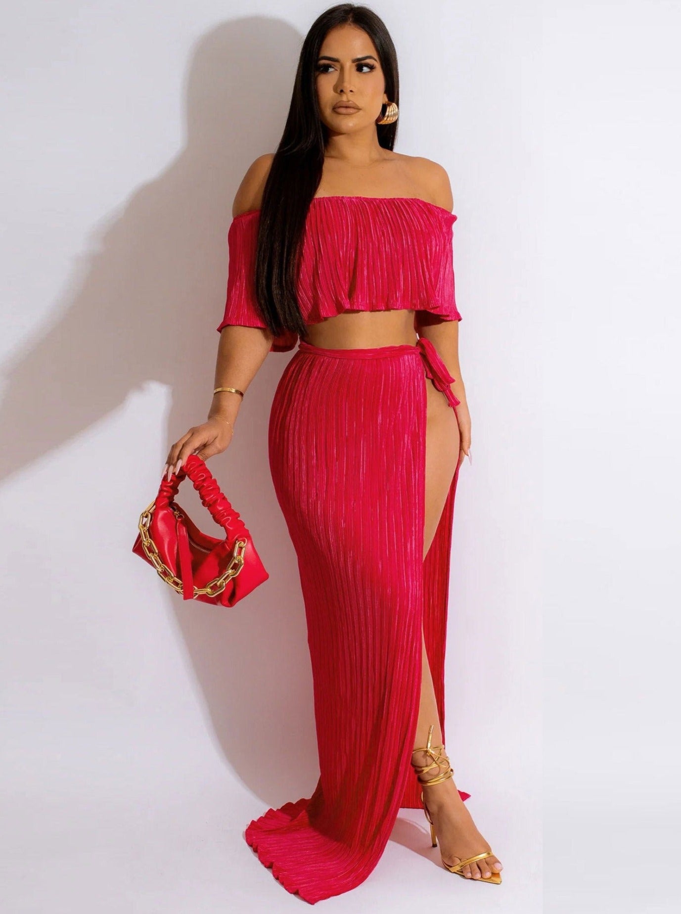 Elegant Ruffle Pleated Off Shoulder Top and Skirt Set