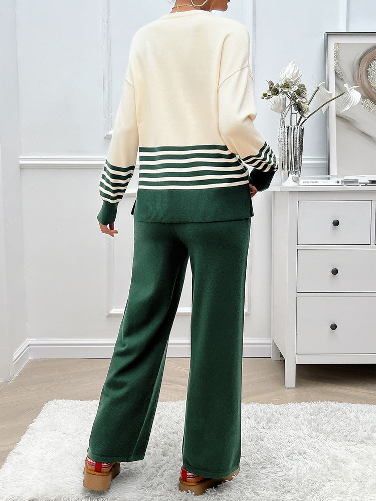 Striped Round Neck Sweater and Trouser Set