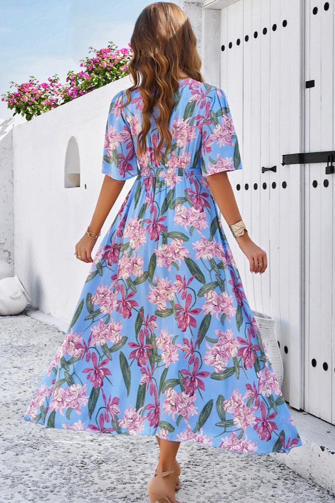 Blue Chic Summer Floral V-Neck Side Slit Midi Dress