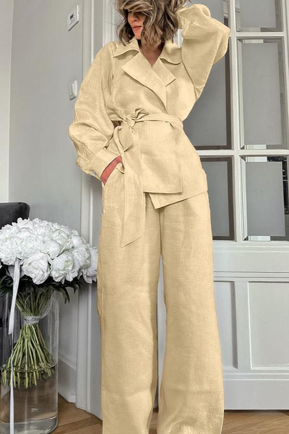 Trendy Solid Long Sleeve Wrap Around Blouse and Pants Set